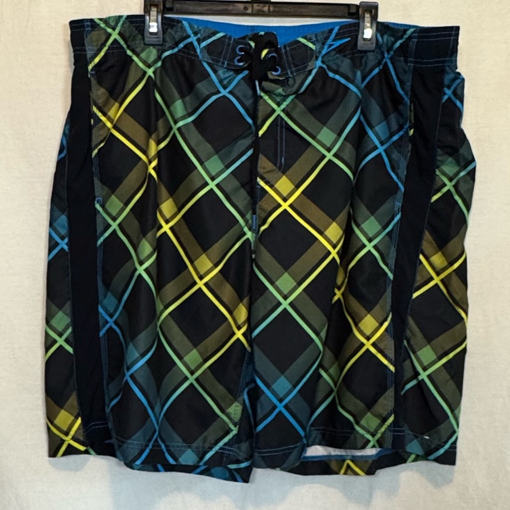G-45 Men’s Speedo Black‎ Blue & Yellow Lined Summer Board Shorts Size XL